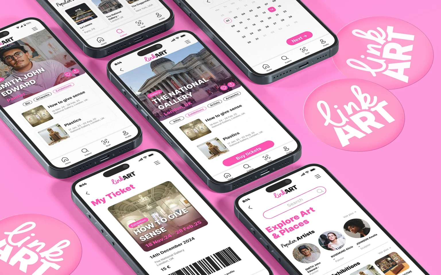 Mobile avec des écrans clefs de l'application LinkArt