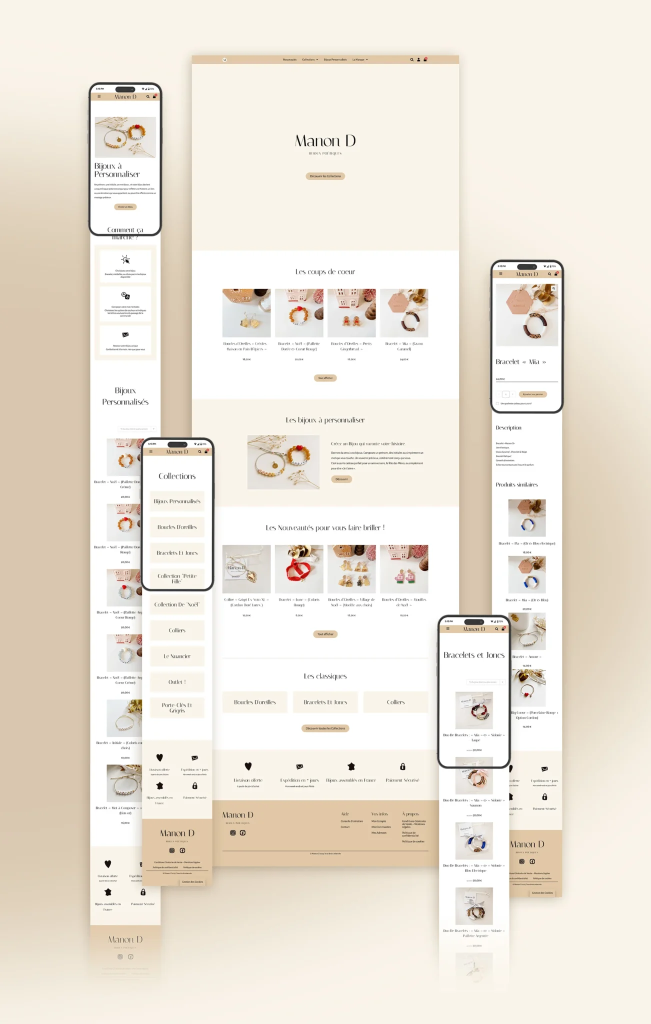 Manon D - Vue des pages d'Accueil, produit, boutique et collections de produits