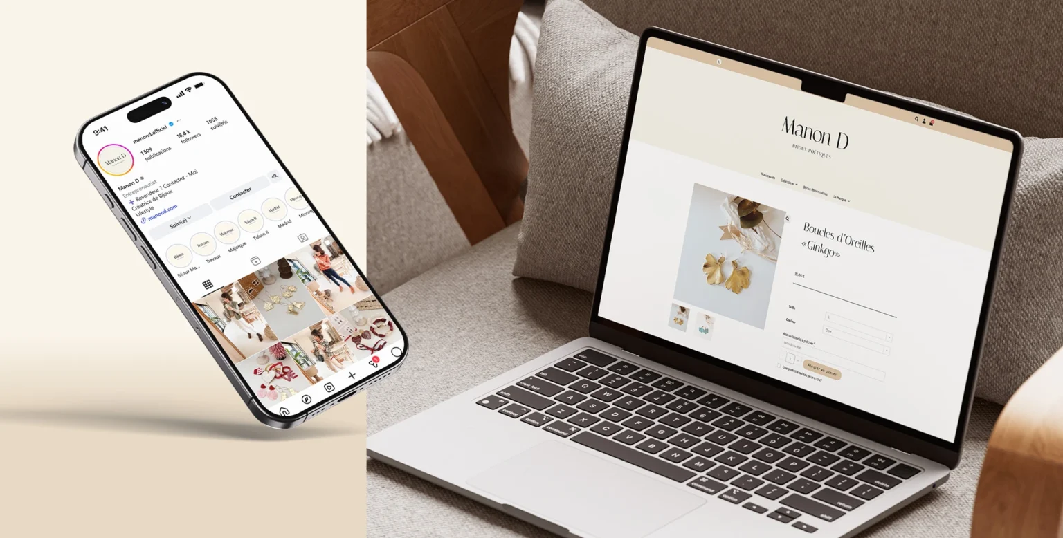 Manon D - Feed Instagram sur mobile et page produit sur desktop