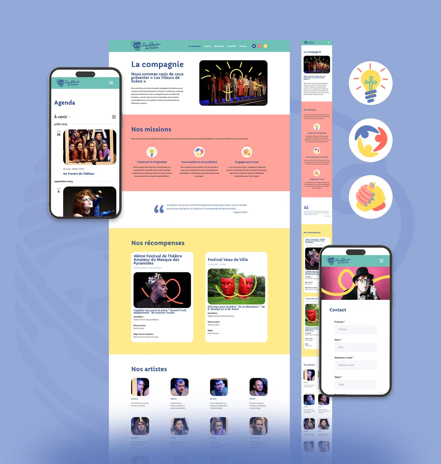 Design UI des pages Agenda, La compagnie, et contact avec des visuels mobile