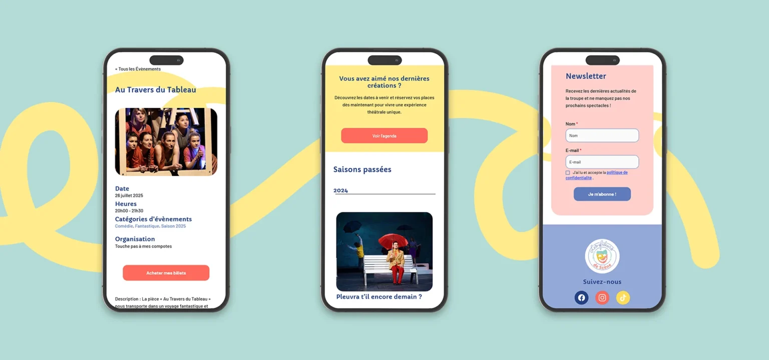 Design de parties de pages du site des Fileurs de Scène en version mobile, dont la Newsletter
