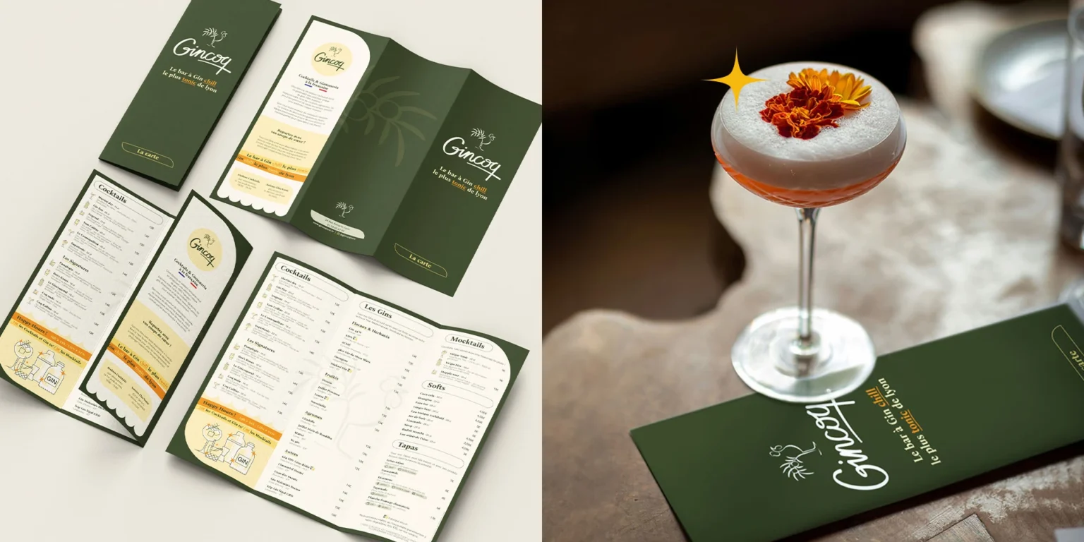 Design graphique de la carte des boissons du bar Gincoq