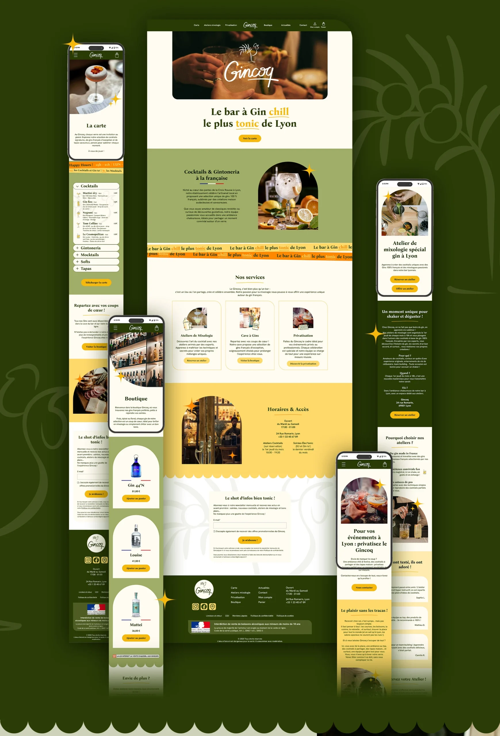Design UI de la page d'accueil, page boutique, page Ateliers de mixologie et de la page de la carte des boissons du site web du Gincoq