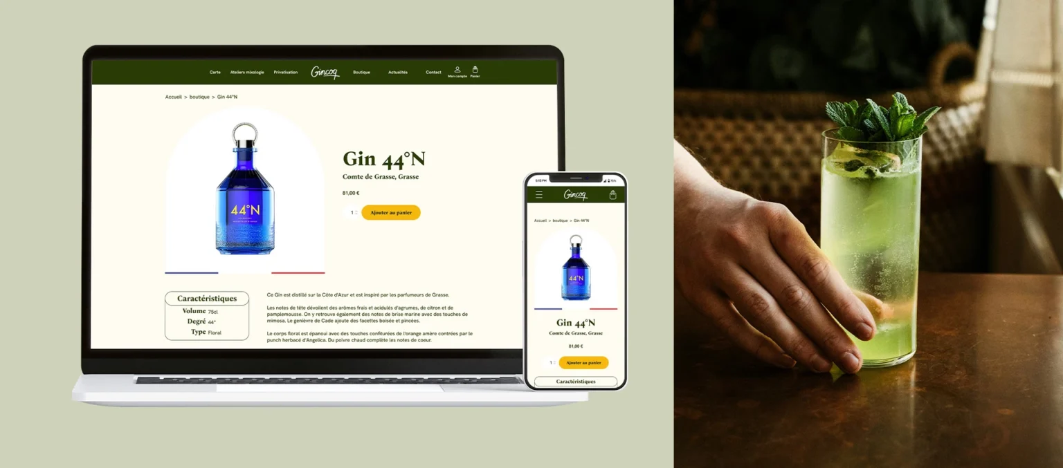 Design de l'interface de la page d'un produit en vente sur le site web du Gincoq