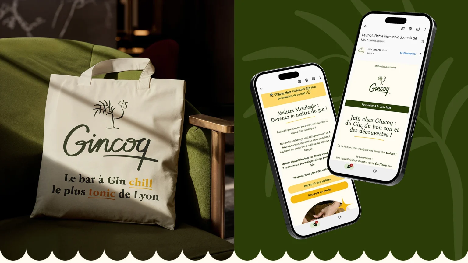 Design des totebags du Gincoq et de la newsletter du bar sur mobile