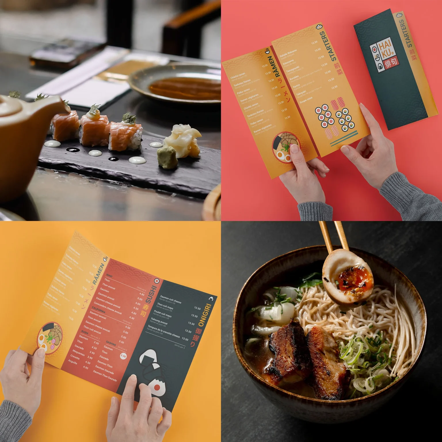 Menu dépliant du restaurant haiku et photos de plats