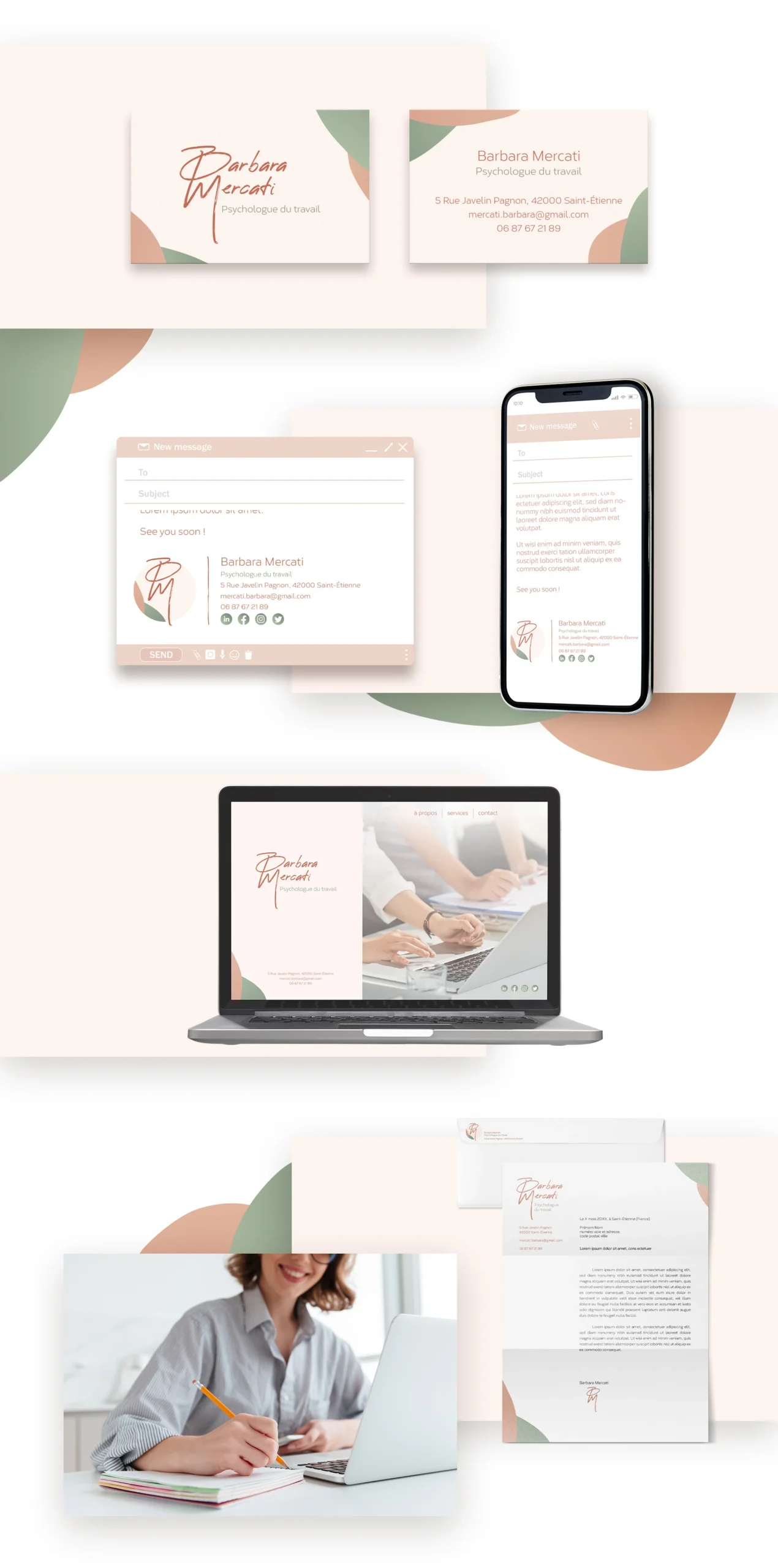 Design des cartes de visites, signature mail, page d'accueil et papeterie pour les courriers de Barbara Mercati
