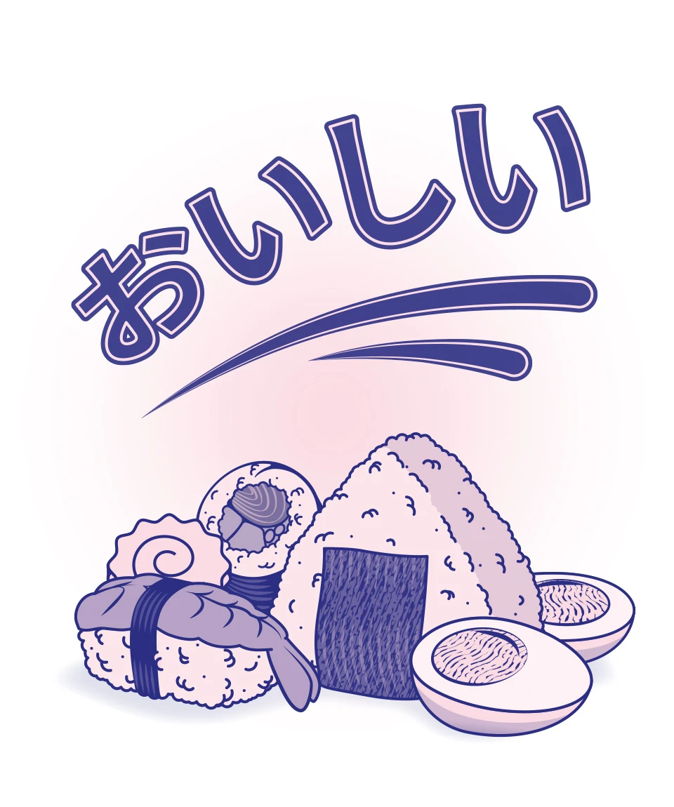 Design avec un onigiri, un sushi, un maki et des oeufs à ramen