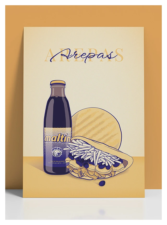 Design de l'affiche arepas avec une illustration d'arepa et de bouteille maltin